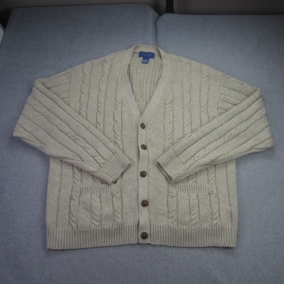 Vtg Towncraft Cardigan Mens XL Beige Oatmeal‎ Cable Knit Button Front Sweater